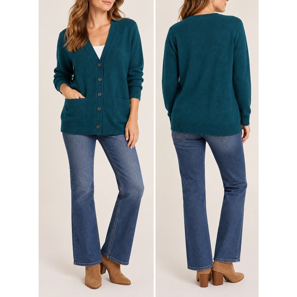 WoolOvers Merino Cashmere V-Neck Cardigan Teal Green Womens XXL